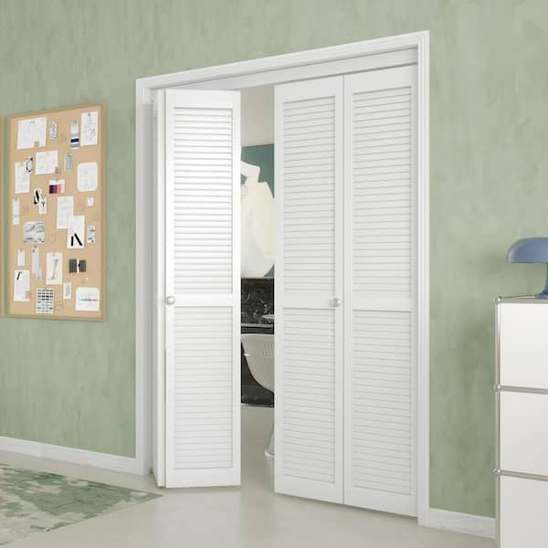 56 in. x 80 in. Louvered Panel Solid Core Composite MDF and PVC Covering White Bi-Fold Door with Hardware