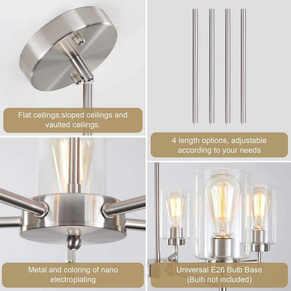 Nickel 5-Light Kitchen Island Chandelier with Clear Glass Shades