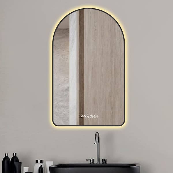 28 in. W x 48 in. H Arched Aluminium Framed Anti-Fog Wall Bathroom Vanity Mirror in Black