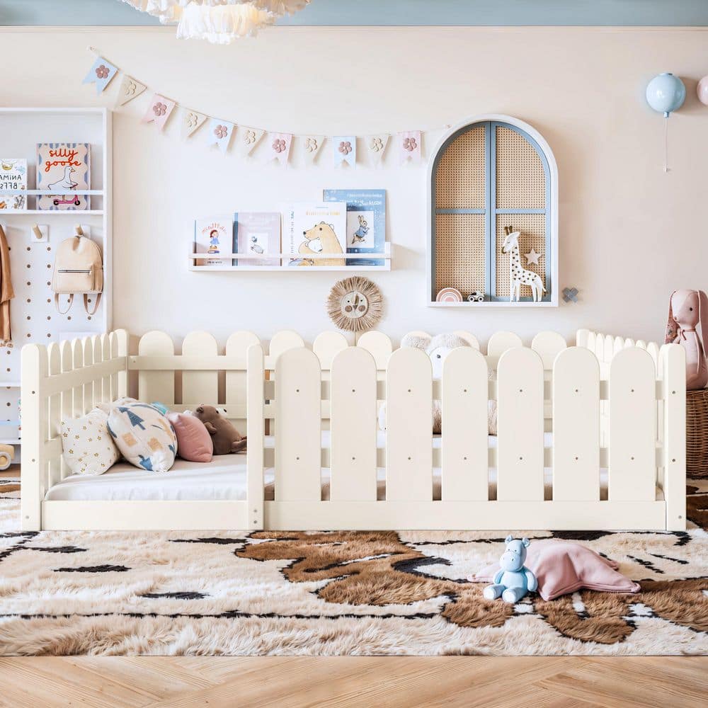 Beige Full Kids Beds with High Fence-Style Guardrails