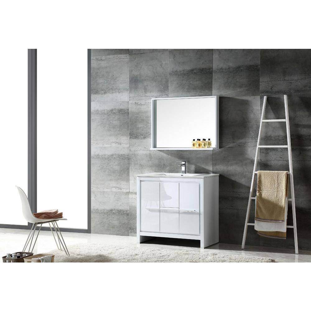 Modern Glossy White 36" Plywood Vanity Set with Ceramic Top & Mirror