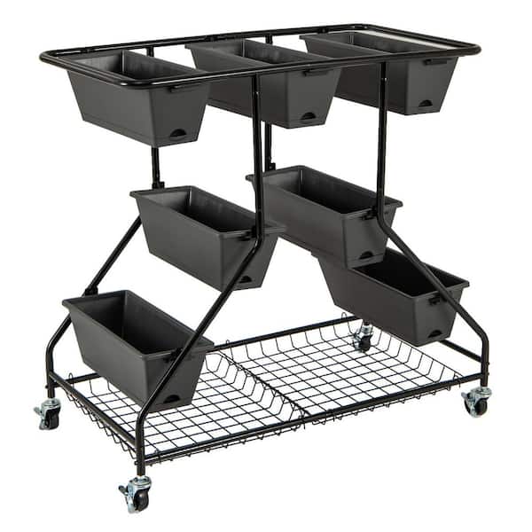 ANGELES HOME 40 in. Black Plastic Vertical Raised Garden Bed with 7-Planter Boxes and Storage Baskets