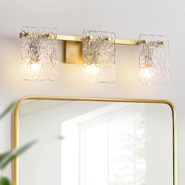 Puente 3-Light 25- in. Brushed Gold Vanity Light Bar Rectangular Wall Light with Water Glass for Living Room/ Bathroom