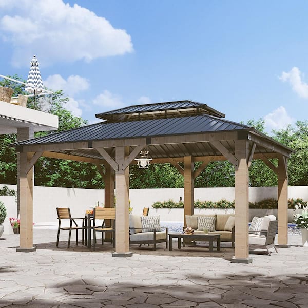 20 ft. x 12 ft. Outdoor Wood Gazebo, Hardtop Gazebo Permanent Wooden Pavilion with Galvanized Steel Double Roof, Gray