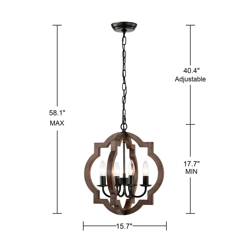 Antique Black and Brown Natural Wood 4-Light Candle Chandelier