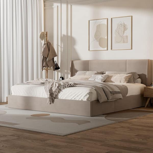 Greige Beige Frame King Size Wingback Upholstered Platform Bed with Lift-Up Storage Supported by Metal and Wooden Slats