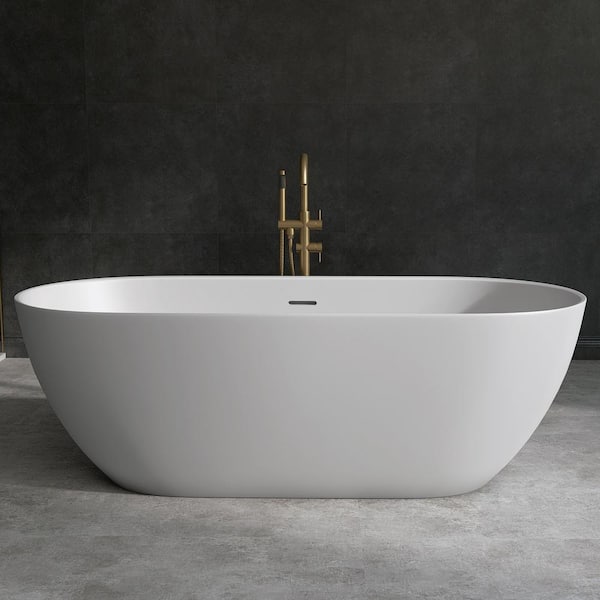Getpro 67 in. x 31.5 in. Solid Surface Tub Stone Resin Flatbottom Freestanding Soaking Bathtub With Overflow in Matte White