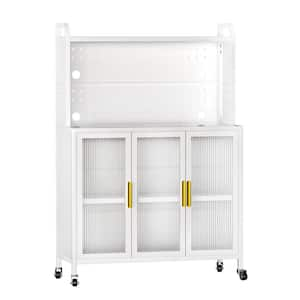 White Carbon Steel Microwave Cart, Kitchen Storage Cabinet Bakers Rack with Transparent Doors & Versatile Pegboard