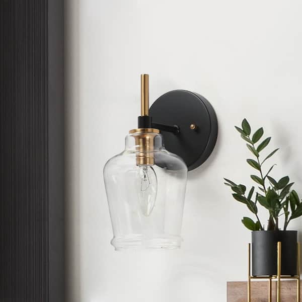 Zevni 4.5 in. 1-Light Black Bathroom Wall Sconce, Bell Clear Glass Bath Lighting, Modern Farmhouse Brass Gold Vanity Light