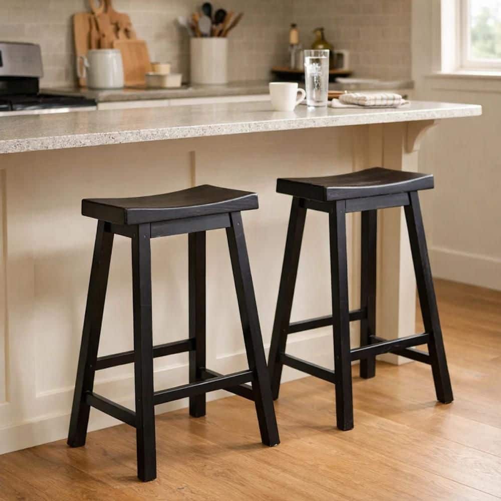 29 in. H Black Wooden Counter Height Stool with Saddle Seat (Set of 2)