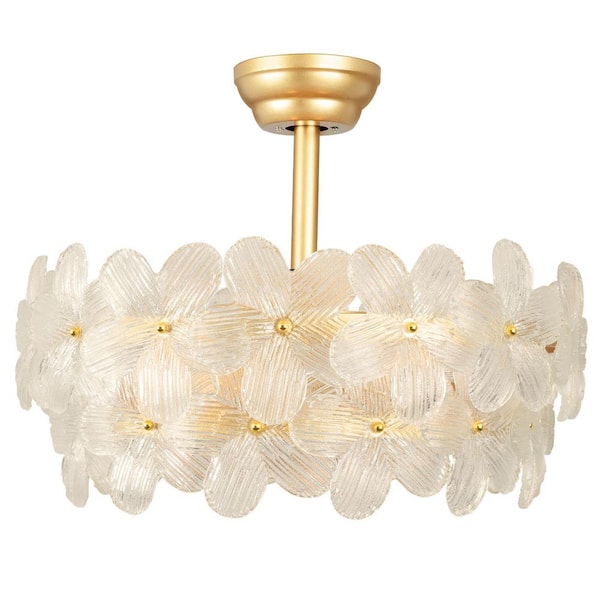 22 in. Indoor Gold Double Layered Glass Flower Ceiling Fan with Light, Downroad Mount Caged Fandelier for Bedroom
