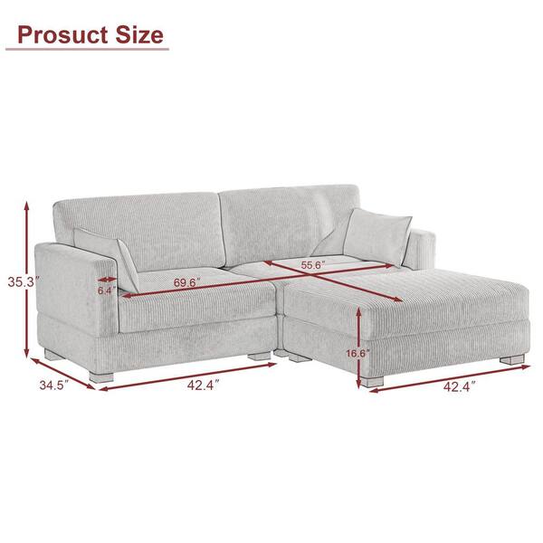 Uixe 84.8 in. W Square Arm 2-Piece Corduroy Fabric L-Shaped
