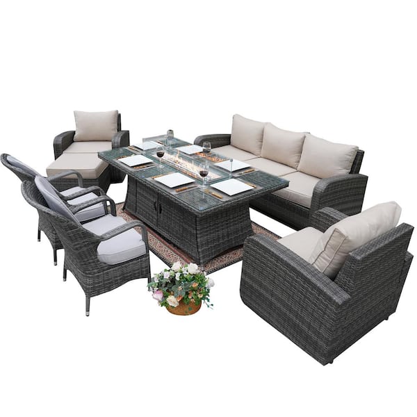 moda furnishings Evita Gray 7-Piece Wicker Patio Fire Pit Conversation Sofa Set with Beige Cushions