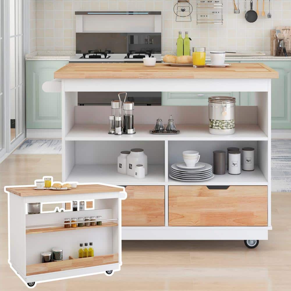 White Rubber Wood Top 46 in. Two-sided Kitchen Island with 2 Drawers, 3 Ope