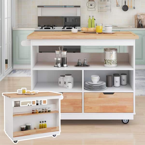 ARTCHIRLY White Rubber Wood Top 46 in. Two-sided Kitchen Island with 2 Drawers, 3 Open Compartments and Spice Rack