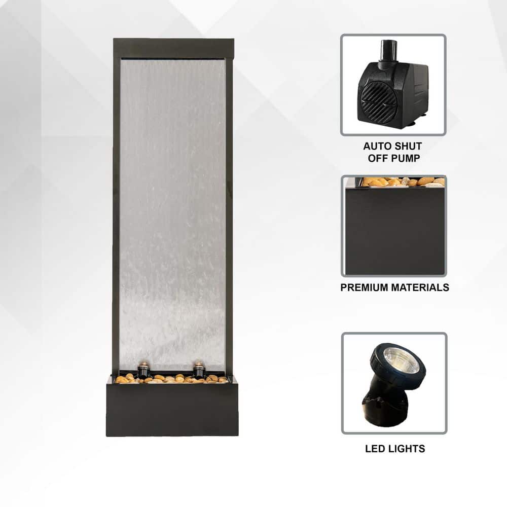 68" Black Aluminum and Clear Glass Freestanding Waterfall Fountain with LED Lights