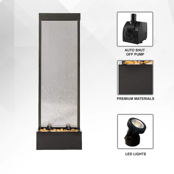 68 in. H Black Freestanding Waterfall Fountain w/ Decorative Rocks, LED and Auto-Shut Off Pump Aluminum /Clear Glass