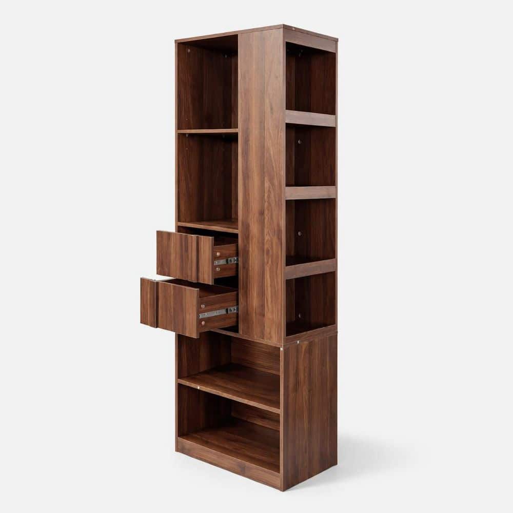 71 in. Tall Walnut Particle Board 4-Shelf Standard Bookcase with Drawers, Open Shelves & Fluted Storage