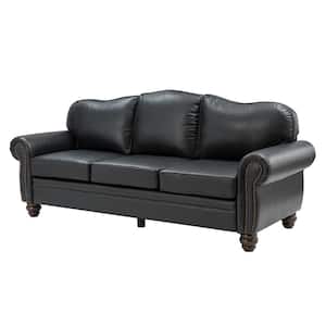 Macimo 81 in. Rolled Arm Genuine Leather Rectangle Transitional 3-Seater Sofa in Black