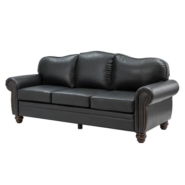 ARTFUL LIVING DESIGN Macimo 81 in. Rolled Arm Genuine Leather Rectangle Transitional 3-Seater Sofa in Black