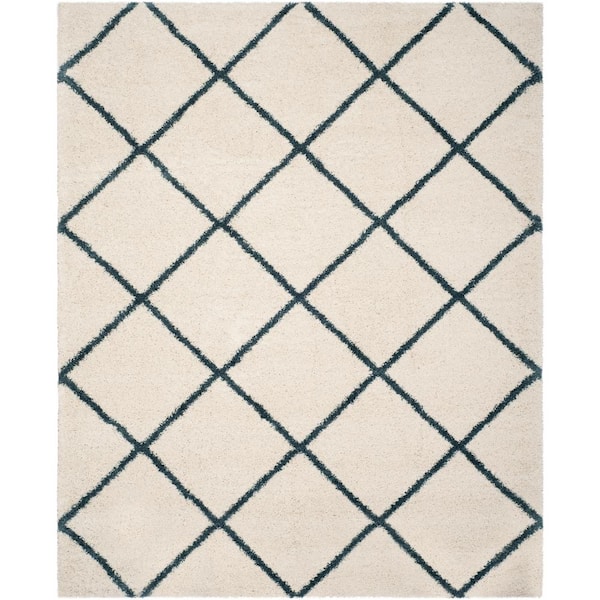 Hudson Shag 11 ft. x 15 ft. Ivory/Steel Blue Geometric Diamonds Area Rug