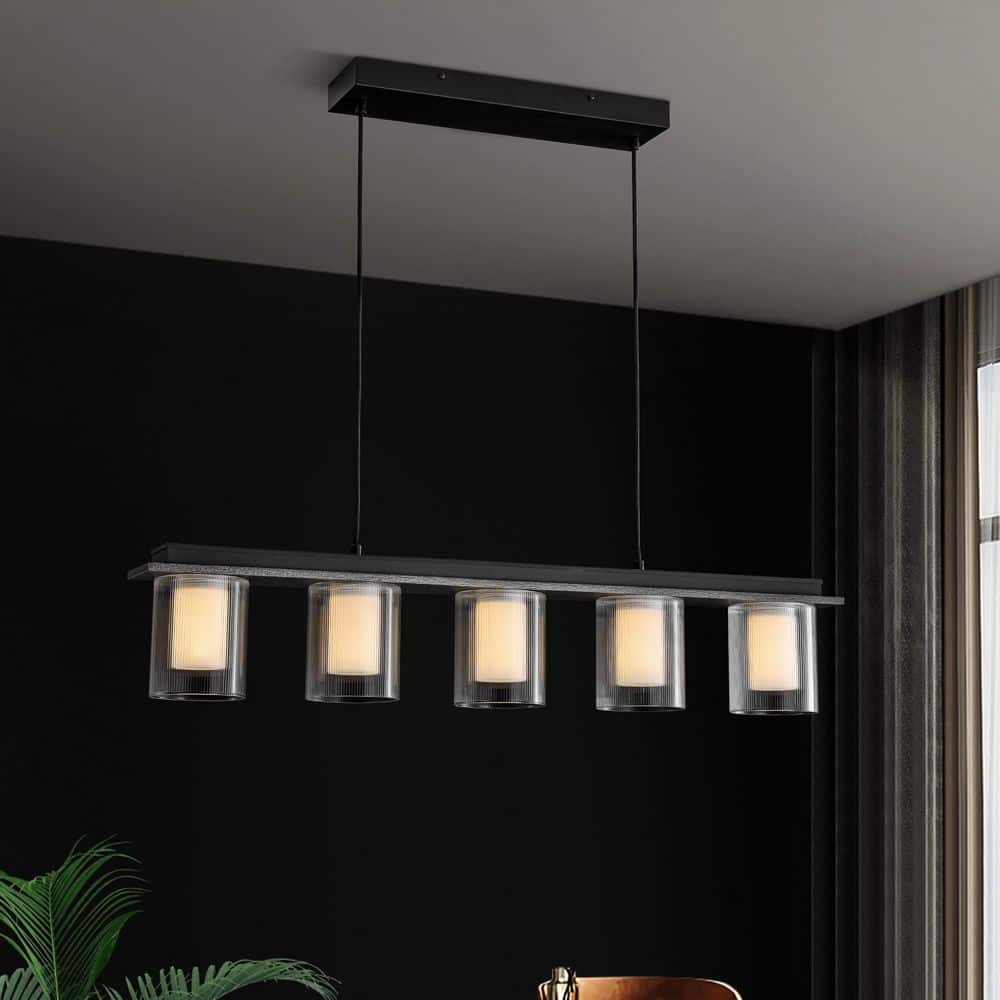 Miguel 5-Light 35 in. W Gray Wood LED Chandelier Billiard Lighting with Round Tube Stripe Glass for Kitchen price history on PriceWatchPro
