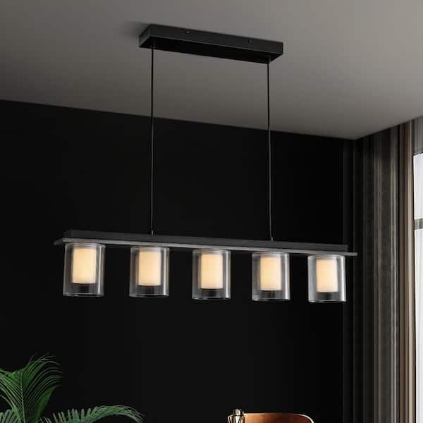HUOKU Miguel 5-Light 35 in. W Gray Wood LED Chandelier Billiard Lighting with Round Tube Stripe Glass for Kitchen