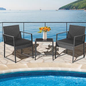 3-Piece Patio Black Rattan PE Wicker Set Outdoor Bistro Furniture Set with Table and Cushion