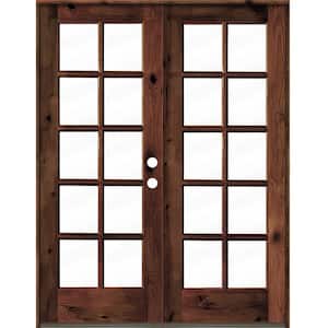 60 in. x 80 in. French Knotty Alder Wood 10-Lite Clear Glass red mahogony Stain Left Active Double Prehung Front Door