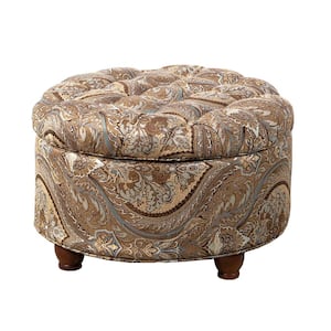 Brown and Blue Paisley Round Button Tufted Storage Ottoman