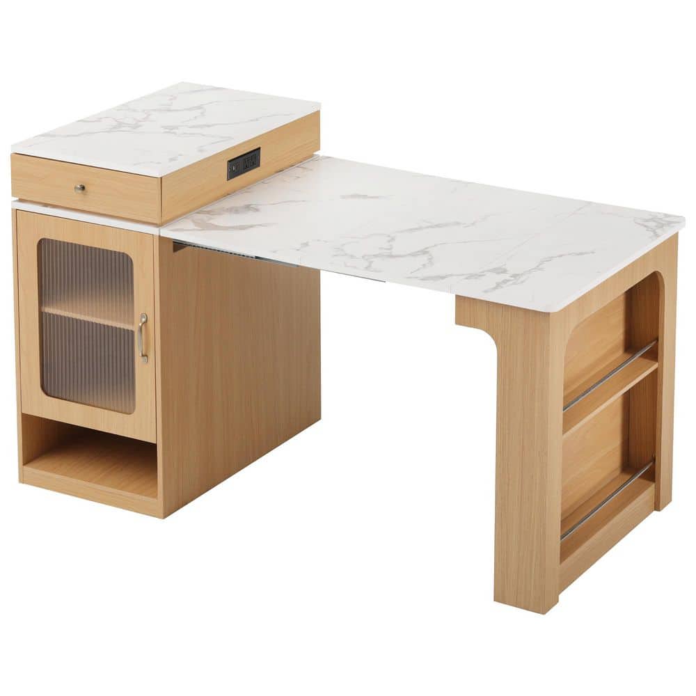 Natural 59.5 in. Wood Kitchen Island with Extendable Dining Table, Kitchen Island, Power Outlet, Side Open Shelve