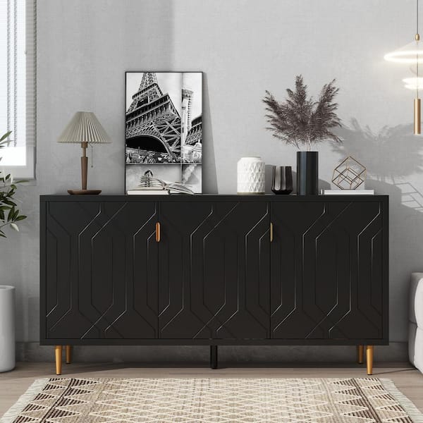 Black TV Stand Fits TV's up to 75 in. with Adjustable Shelves and Storage Sideboard Cabinet