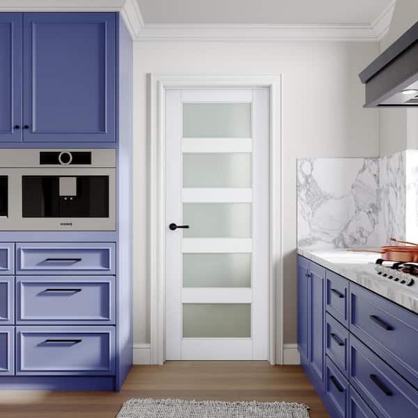 32 in. x 80 in. 5-Lite Frosted Glass Right Handed White Solid Core Interior Door Kit w/ Quick Assemble Jamb