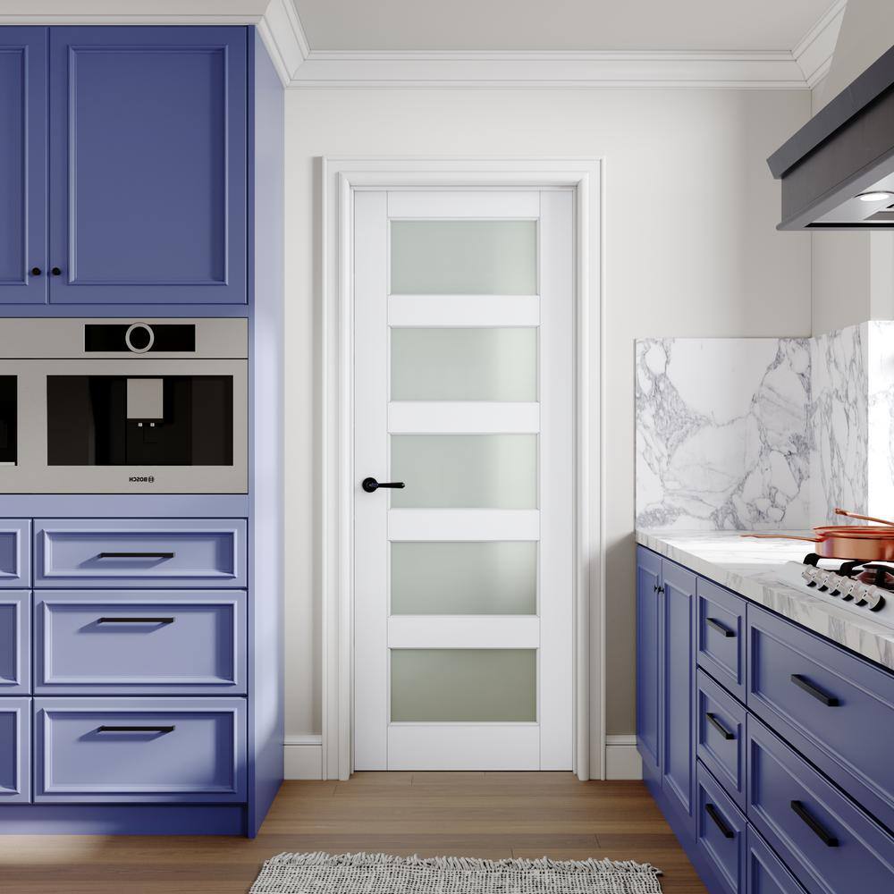 28 in. x 80 in. White 5-Lite Frosted Glass MDF Prehung Door