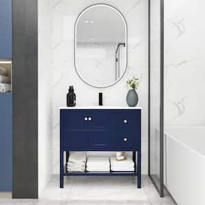 36 in. W x 18 in. D x 35 in . H Bathroom Vanity with Ceramic Basin Top in Navy Blue Solid Frame Bathroom Storage Cabinet