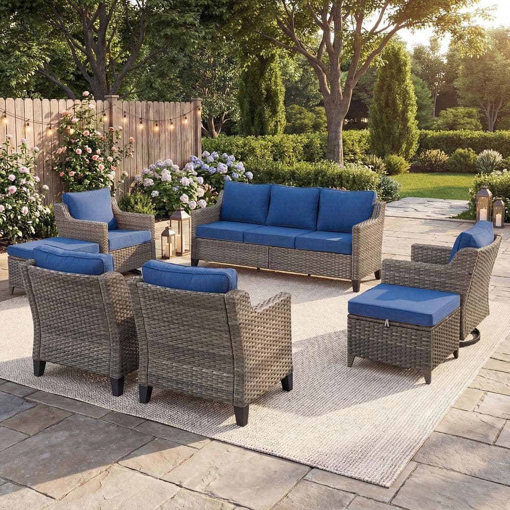 Haven 7-Piece Gray Wicker Patio Conversation Set with 4-Inch Thick Navy Blue Cushions and Ottomans price history on PriceWatchPro