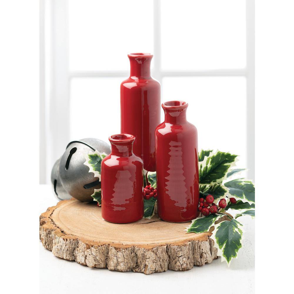 Red Ceramic Bottle Vase Set in Three Sizes
