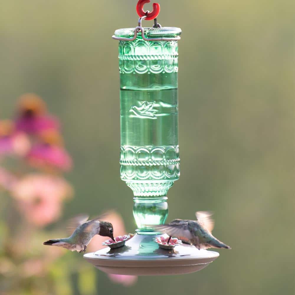 Green Antique Glass Hanging Hummingbird Feeder with Metal Accents