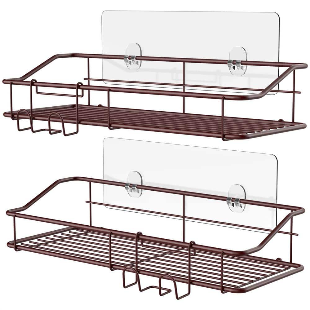 Wall Mount Adhesive Stainless Steel Shower Caddy Shelf with Hooks in Bronze