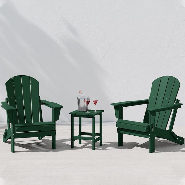 Laguna 3-Piece Fade Resistant Outdoor Patio HDPE Poly Plastic Folding Adirondack Chair Set with Side Table in Dark Green