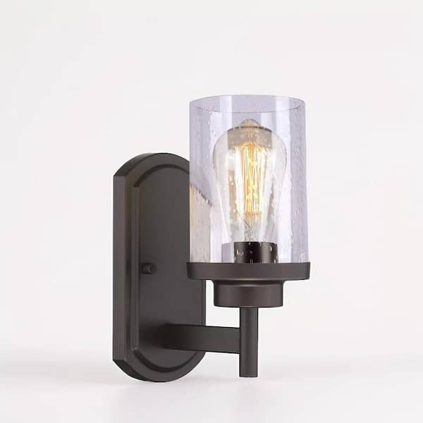 JAZAVA 3.9 in. 1-Light Black Hardwired Indoor Wall Sconce with Seeded Glass Shade