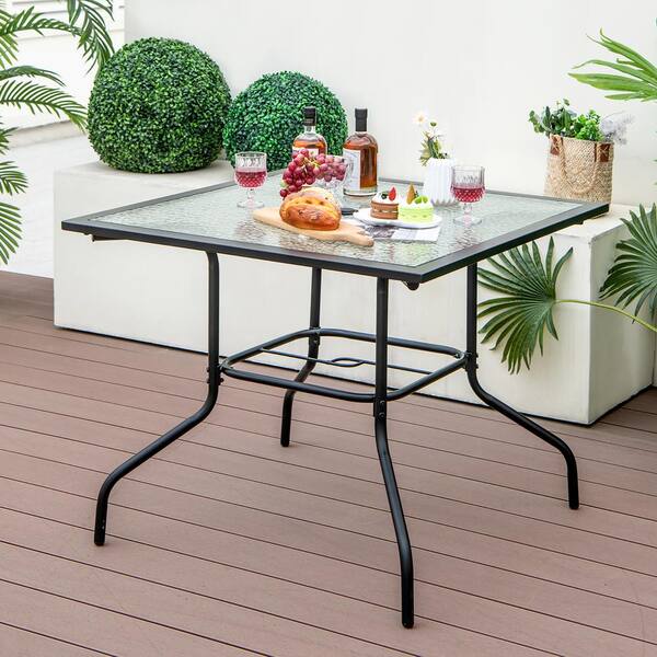 Gymax 35 in. Patio Dining Table Square Outdoor Dining Table w Tempered Glass Tabletop Black GYM11951