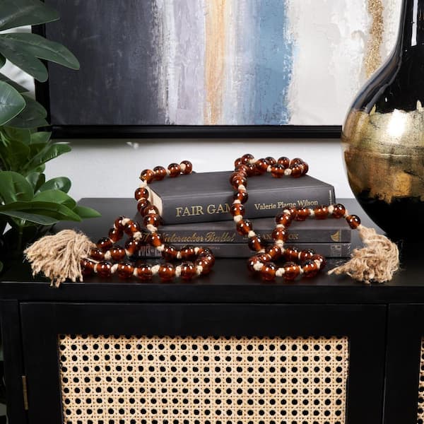 Litton Lane Orange Handmade Glass Round Long Beaded Garland with Tassel with Knotted Brown Jute