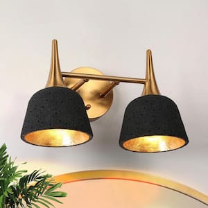 Modern Industrial Black and Gold Vanity Light, 13.8 in. 2-Light Bathroom Transitional Wall Light with Resin Shades