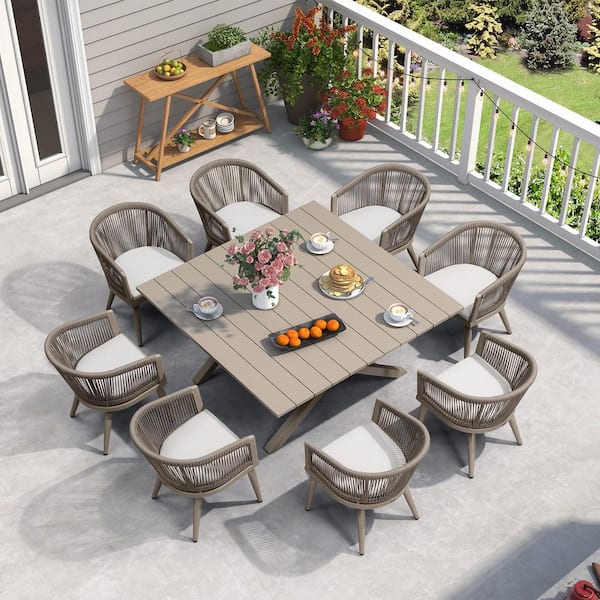 PURPLE LEAF 9-Piece Aluminum All-Weather Wicker Square Outdoor Dining Set with Cushion, Champagne