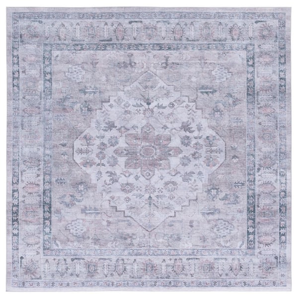 SAFAVIEH Tucson Gray/Light Fuchsia 6 ft. x 6 ft. Machine Washable Aztec Ornate Square Area Rug