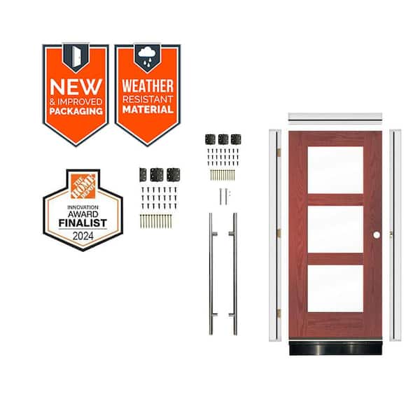 Faux Pivot 36 in. x 79 in. 3-Lite Left-Hand Clear Glass Redwood Stain Fiberglass Front Door Kit w/ Quick Assemble Jamb