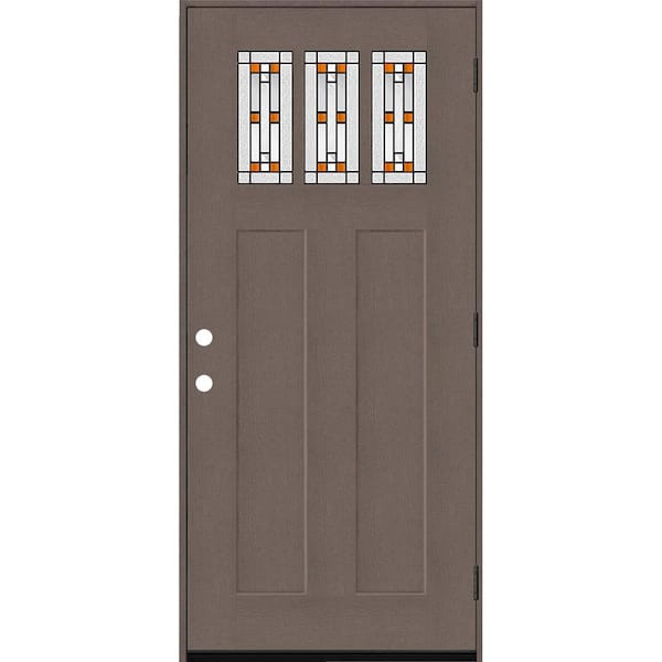Steves & Sons Regency 36 in. x 80 in. 3-Lite Amberton Decorative Glass LHOS Ashwood Stain Fir Grain Fiberglass Prehung Front Door