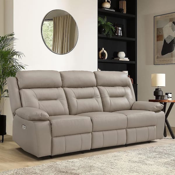 Lazzara Emillia 87 in. W Pillow Arm Leather Rectangle Power Double Reclining Sofa in Latte