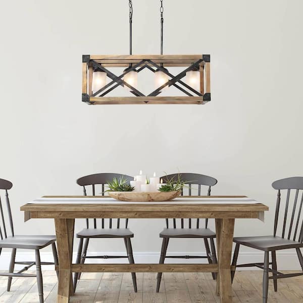 Farmhouse Dining Room Chandelier 4-Light Brown Wood Kitchen Island Pendant with White Frosted Glass Raw Iron Accents